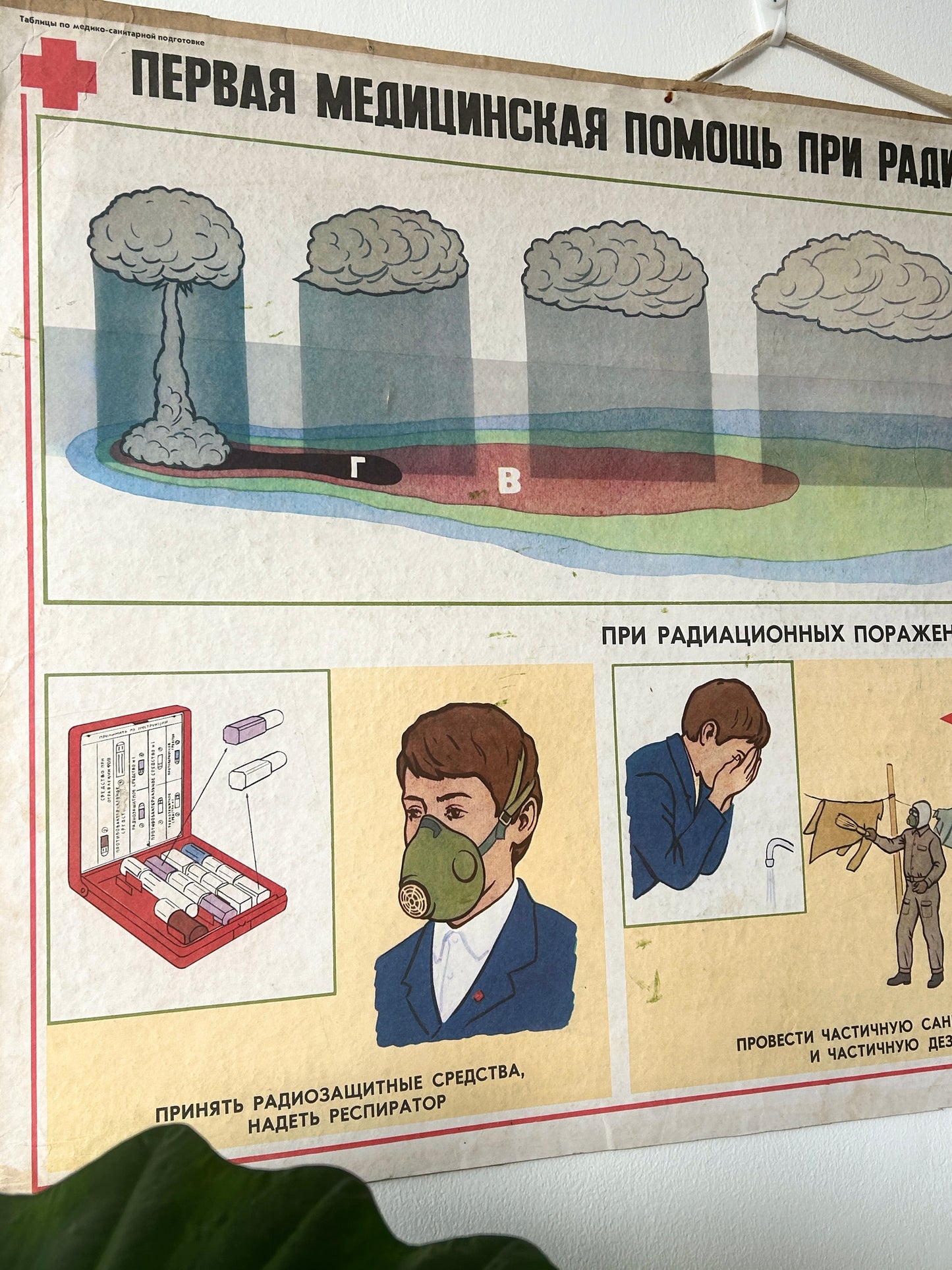 Original Soviet First Aid & Radiation Safety Double-Sided Poster – 1980s Vintage USSR Civil Defence School Chart