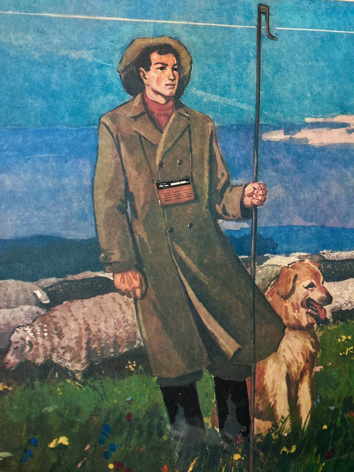 Detail of a Soviet vintage art print depicting a shepherd with a dog and sheep in a filed with flowers under a blue sky.