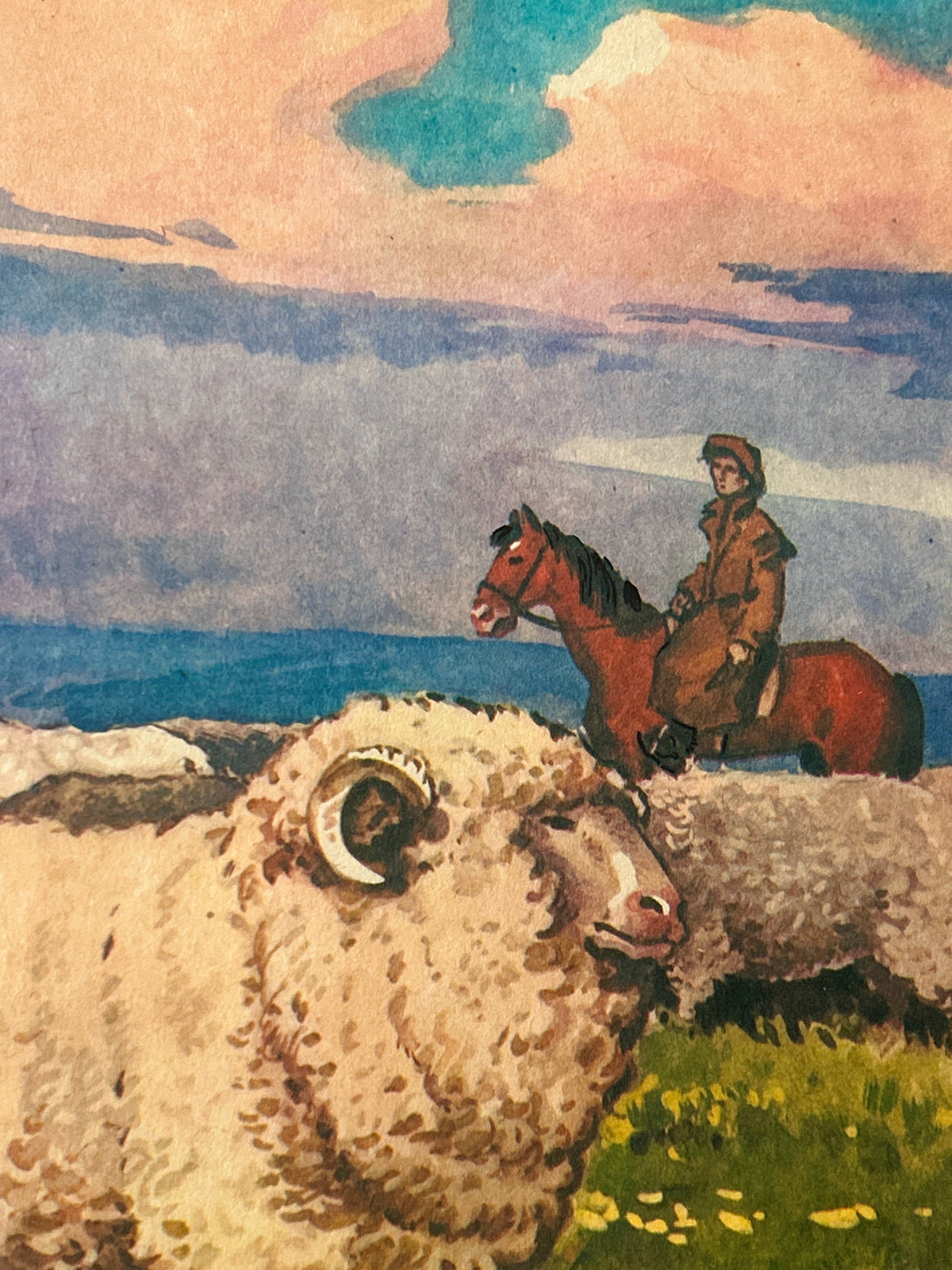 A detail of a Soviet vintage poster – a watercolour artwork showing a close-up of a woolly sheep in the foreground, with a rider on a brown horse in the background against a blue and peach sunset sky.