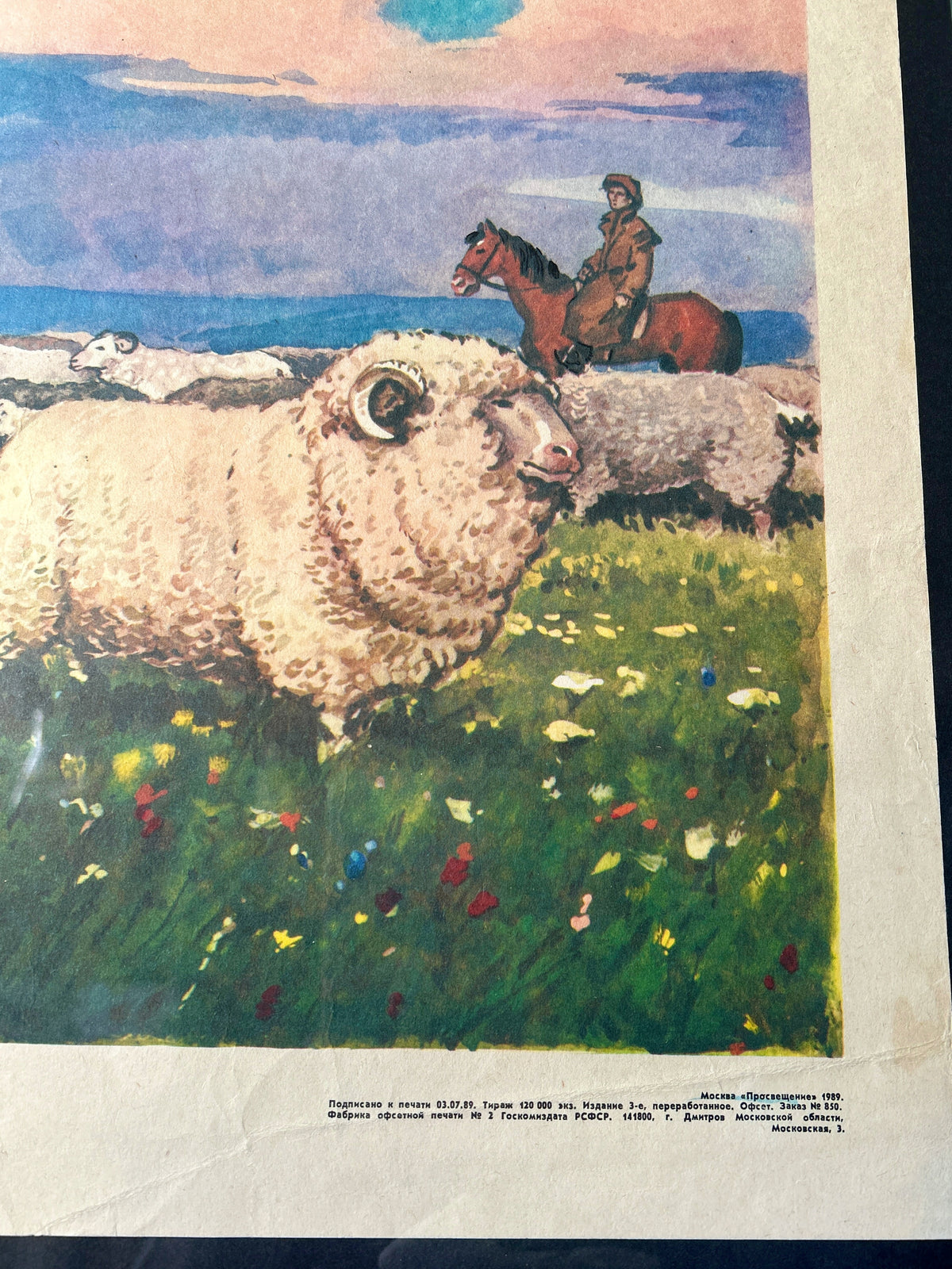 A detail of a Soviet vintage watercolour art poster depicting a white sheep in a green field with wildflowers, with a shepherd on a brown horse in the background under a blue and pink sky. The print has a white border with small printed text at the bottom.