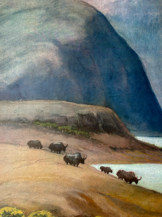 A vintage illustration of a yak herd in a natural Tibetan landscape with mountains and water.