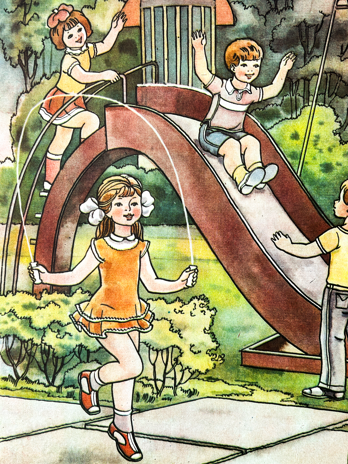 1983 Rare Original Ukrainian Vintage Double Sided Nursery Alphabet Poster: Apple Harvest, Kids Playground | Soviet-Era Educational School Chart