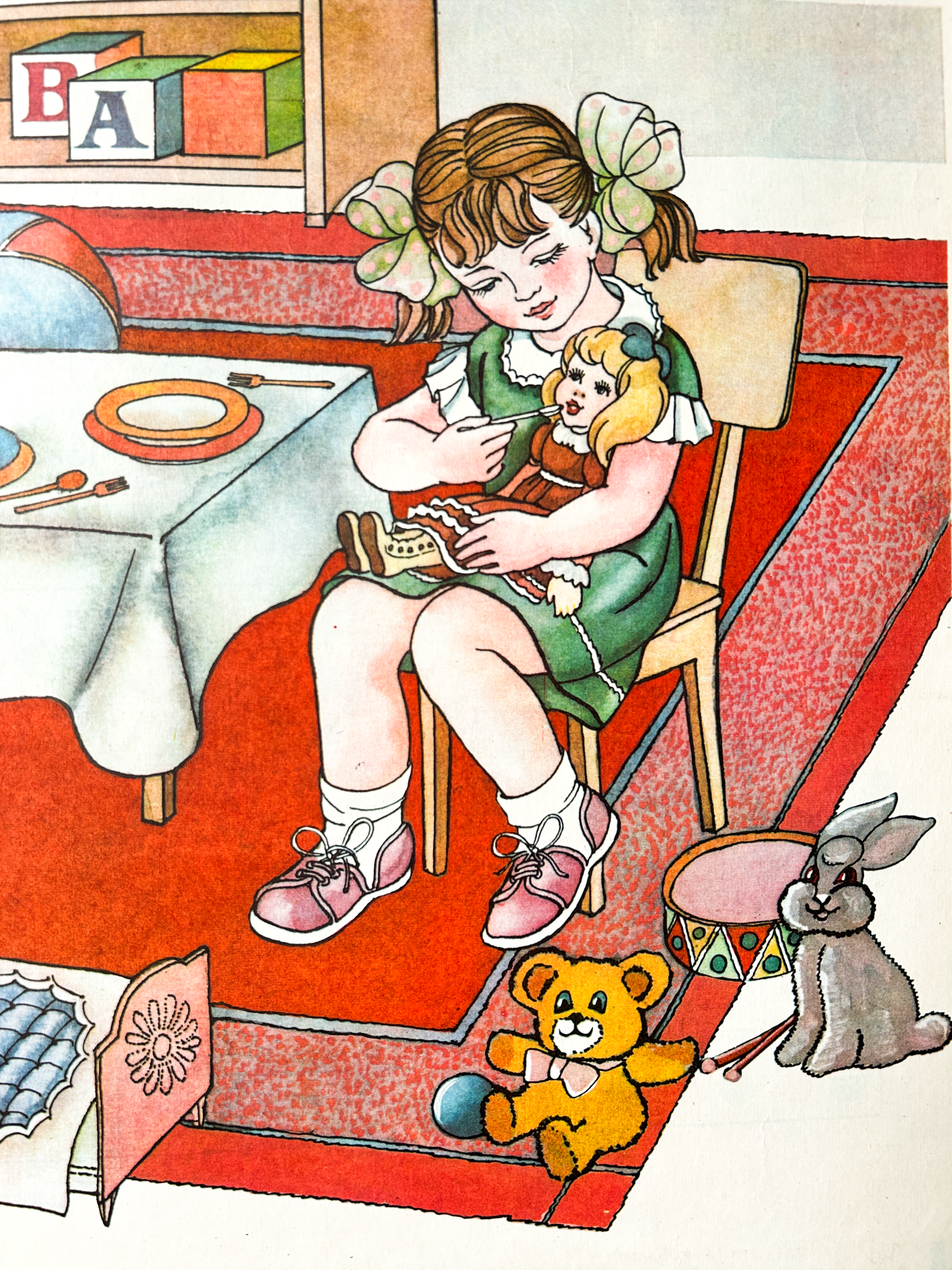 Ukrainian vintage illustration of a girl feeding her doll surrounded by her toys