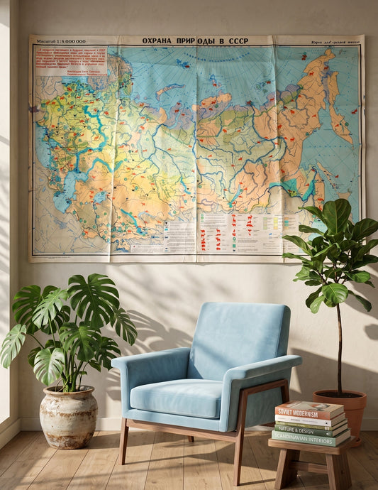Large authentic Soviet vintage illustrated school map showing USSR wildlife, animals, birds & nature reserves that hangs on a wall in a styled room. 
