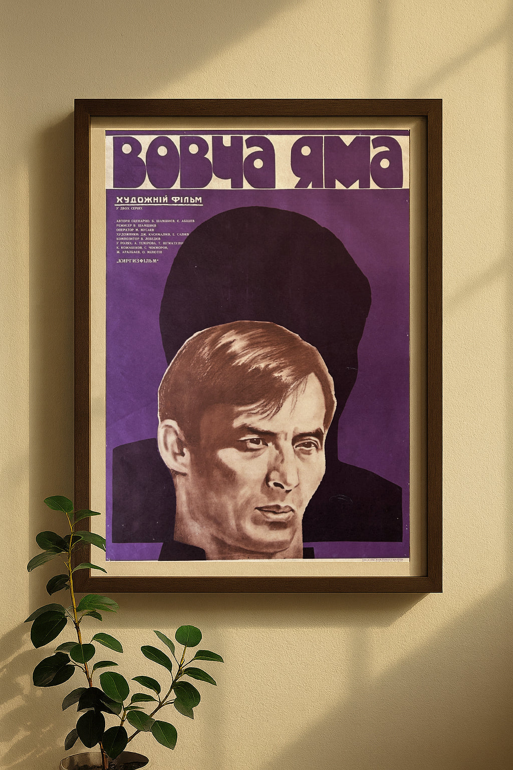 Framed original Soviet vintage movie poster / film poster of a man's face on purple background and ukrainian title