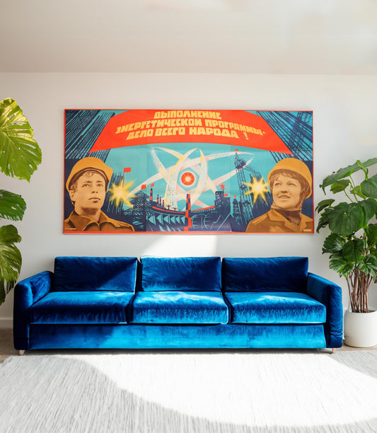 large soviet vintage socialist propaganda poster motivational slogan for workers implementation of the energy programme is the duty of all people mid century home office decor
