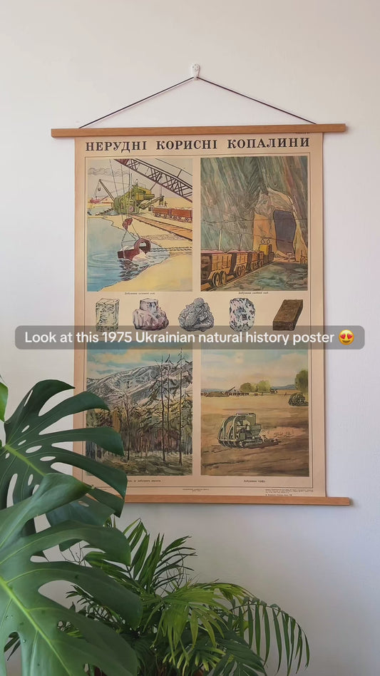 1975 "Non-Metallic Minerals" Original Soviet Ukrainian Natural History School Poster | USSR Vintage Geology Educational Chart